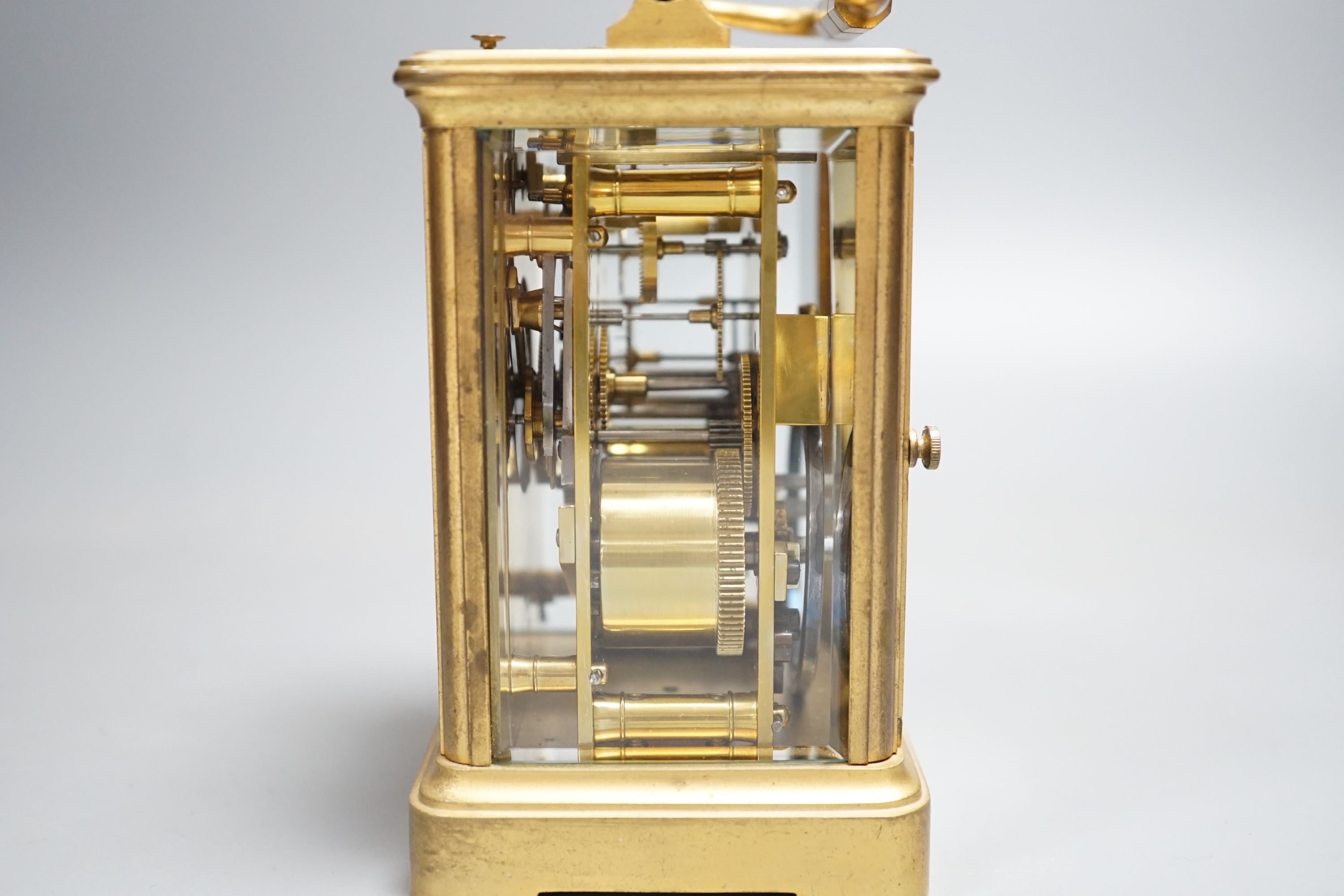 A French gilt brass carriage clock with push repeat, examined by Dent. 13cm (handle down)